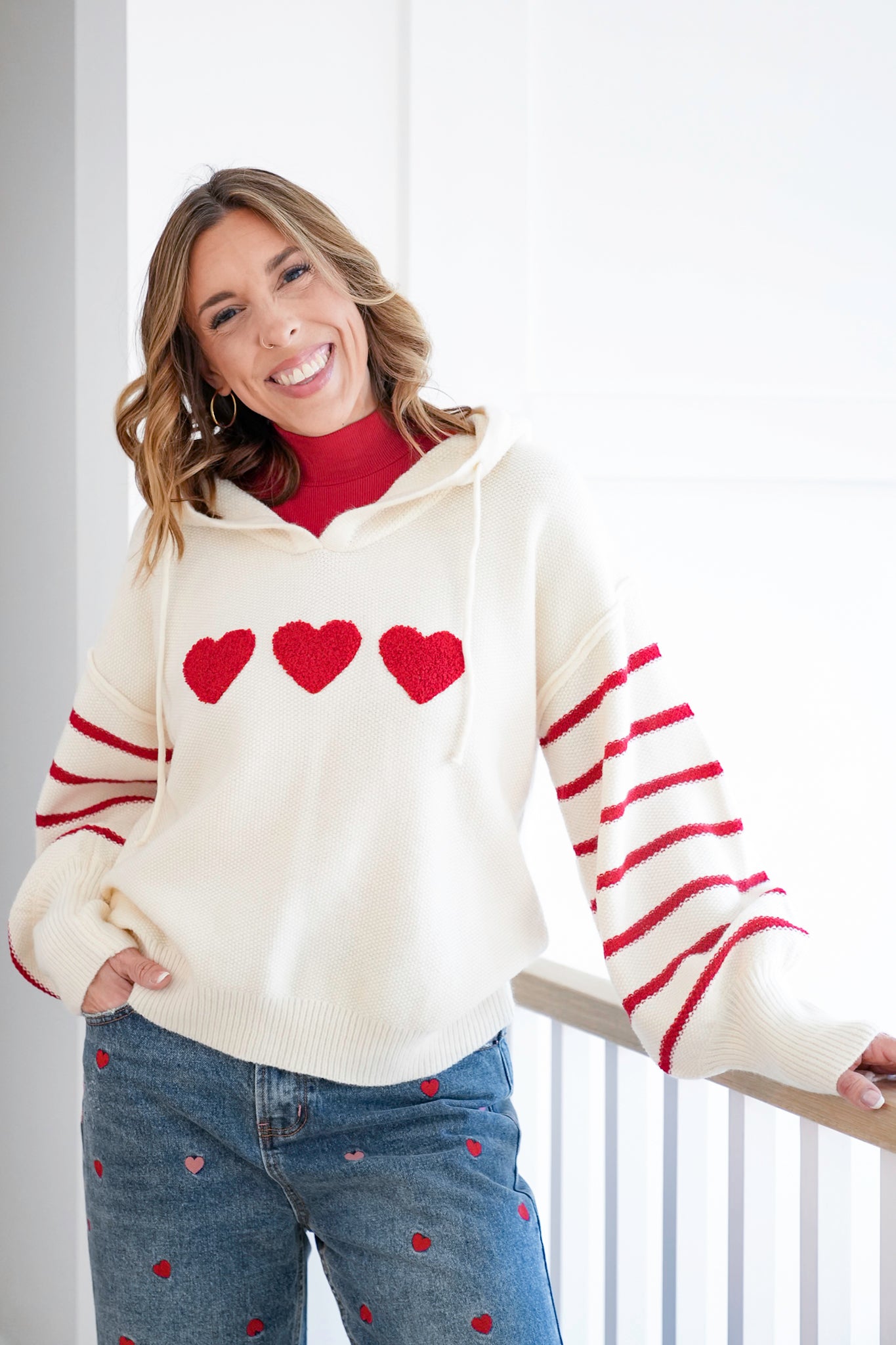 Heart Striped Pullover Hoodie Sweater