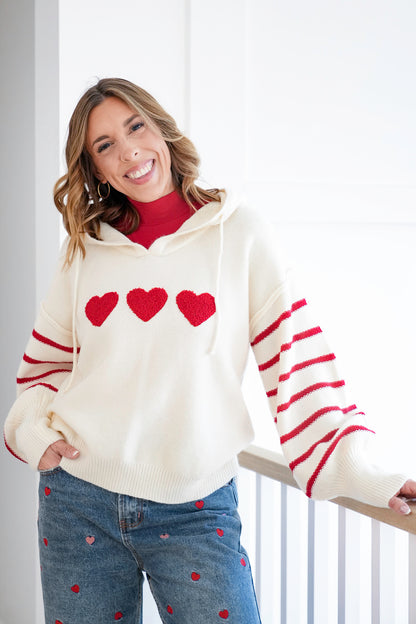 Heart Striped Pullover Hoodie Sweater