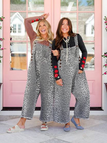 Leopard Print Wide Leg Bib Overalls - Freckled Poppy
