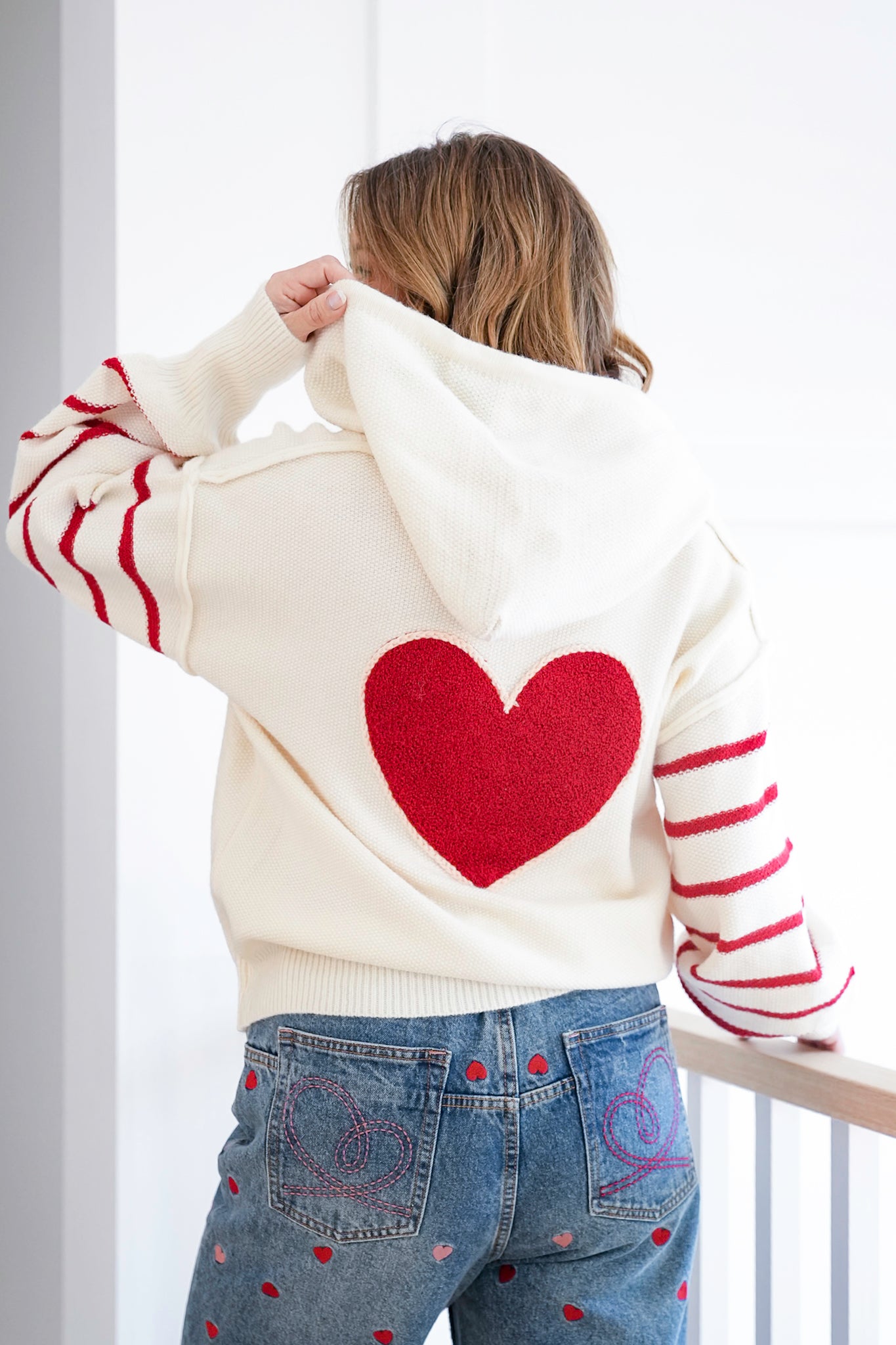 Heart Striped Pullover Hoodie Sweater