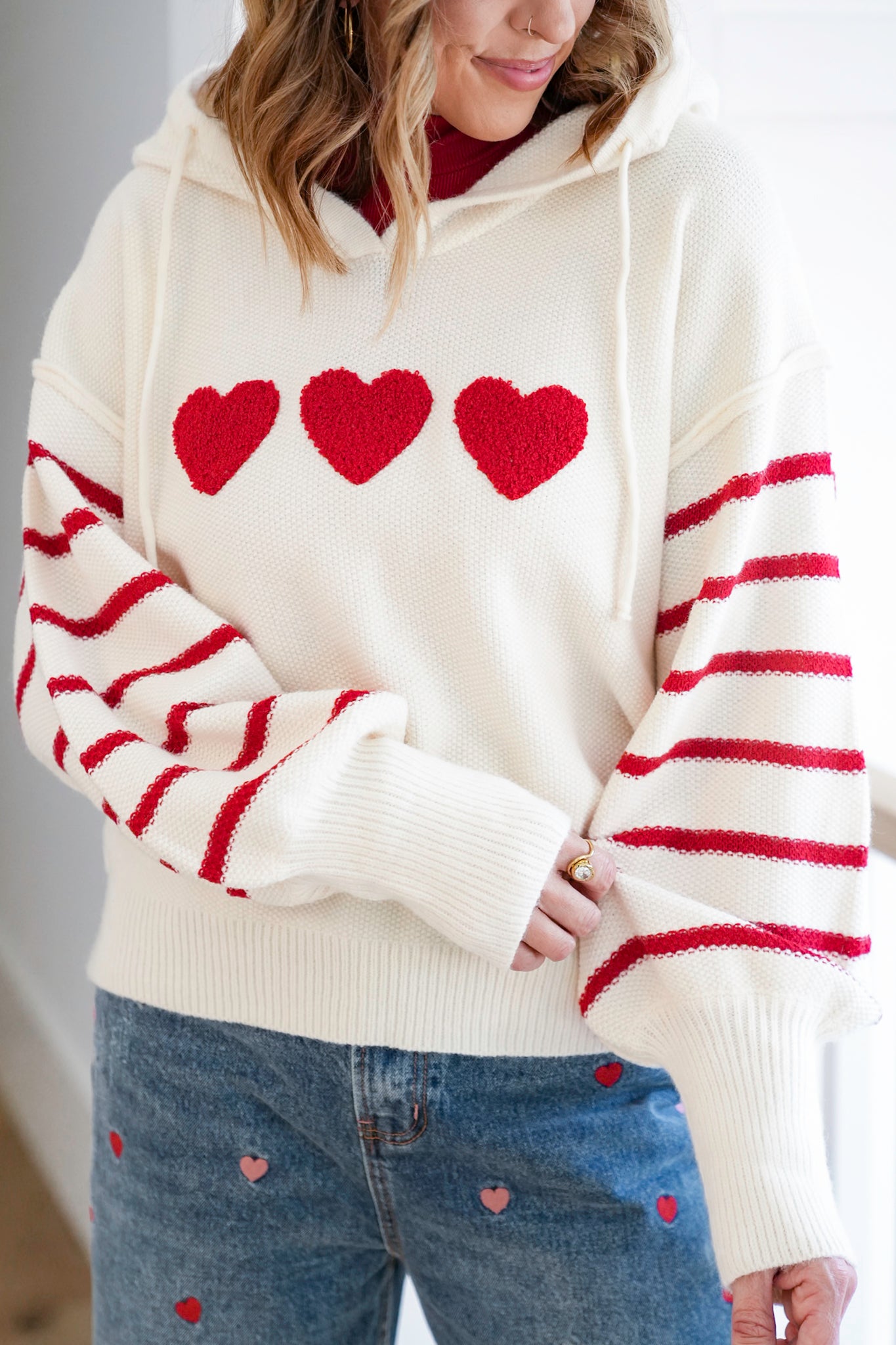 Heart Striped Pullover Hoodie Sweater