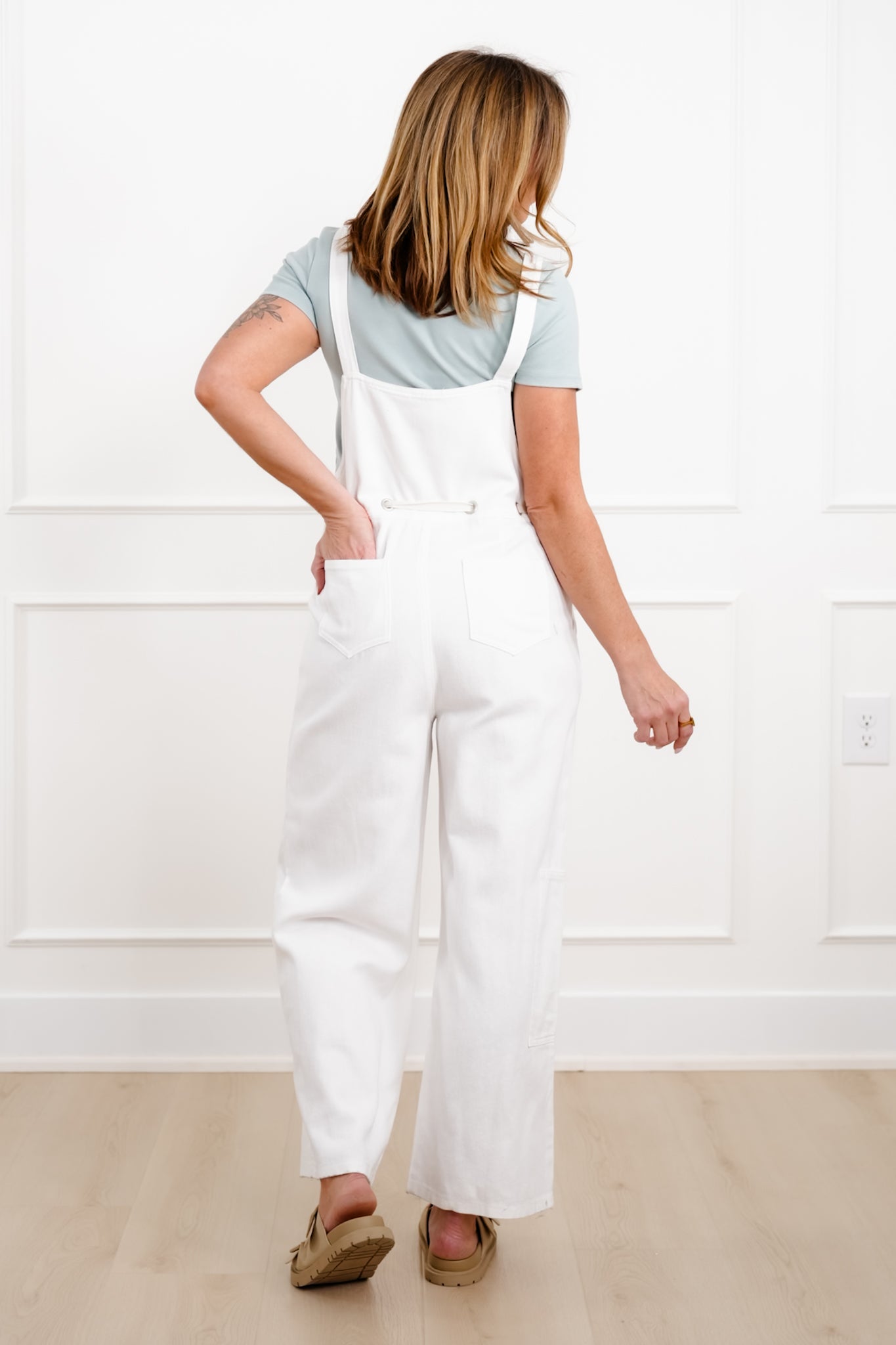 Off White Twill Overalls with Drawstring Waist