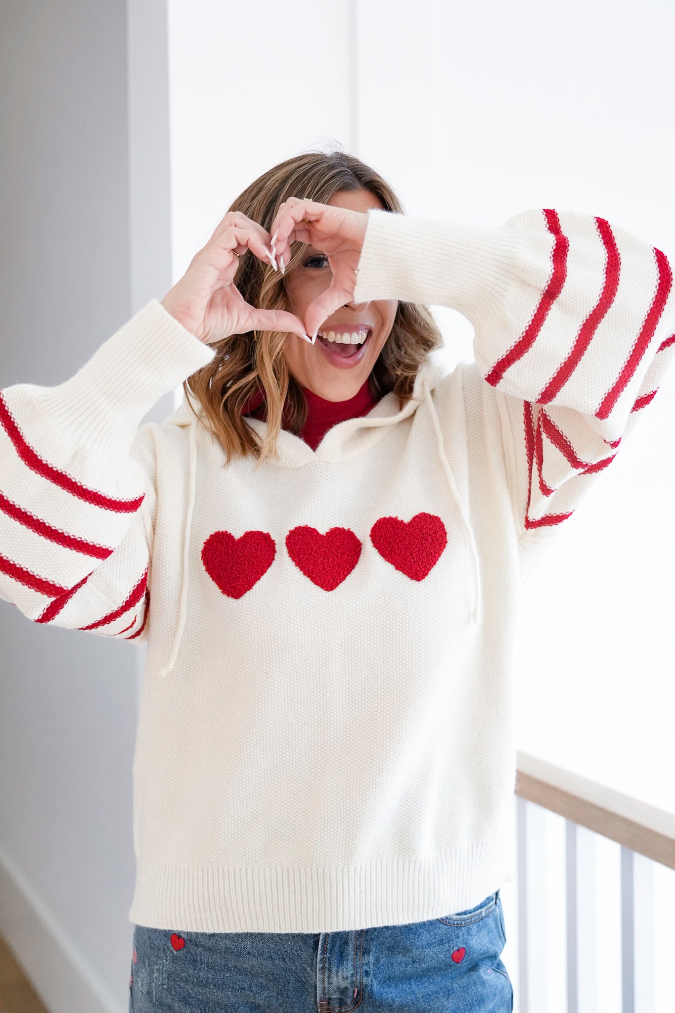 Heart Striped Pullover Hoodie Sweater