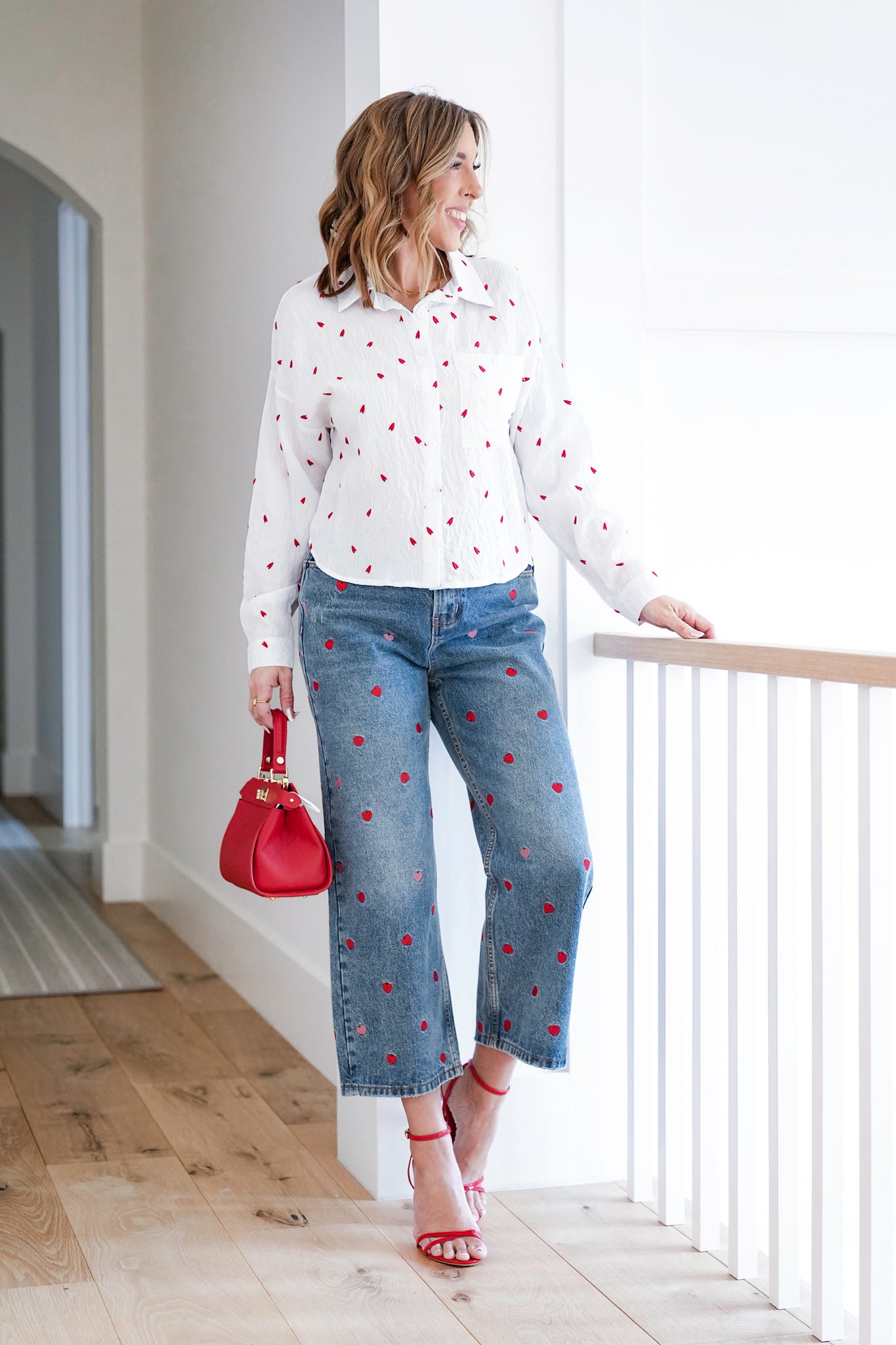 Embroidered Heart Long Sleeve Button Down Top
