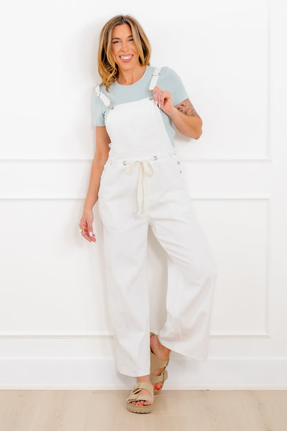 Off White Twill Overalls with Drawstring Waist