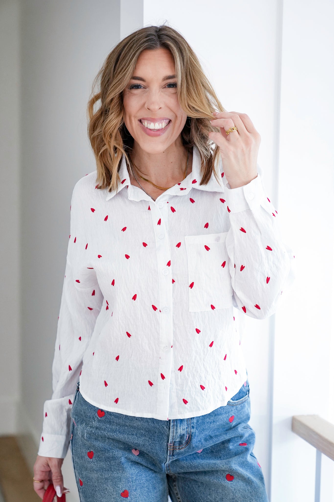 Embroidered Heart Long Sleeve Button Down Top