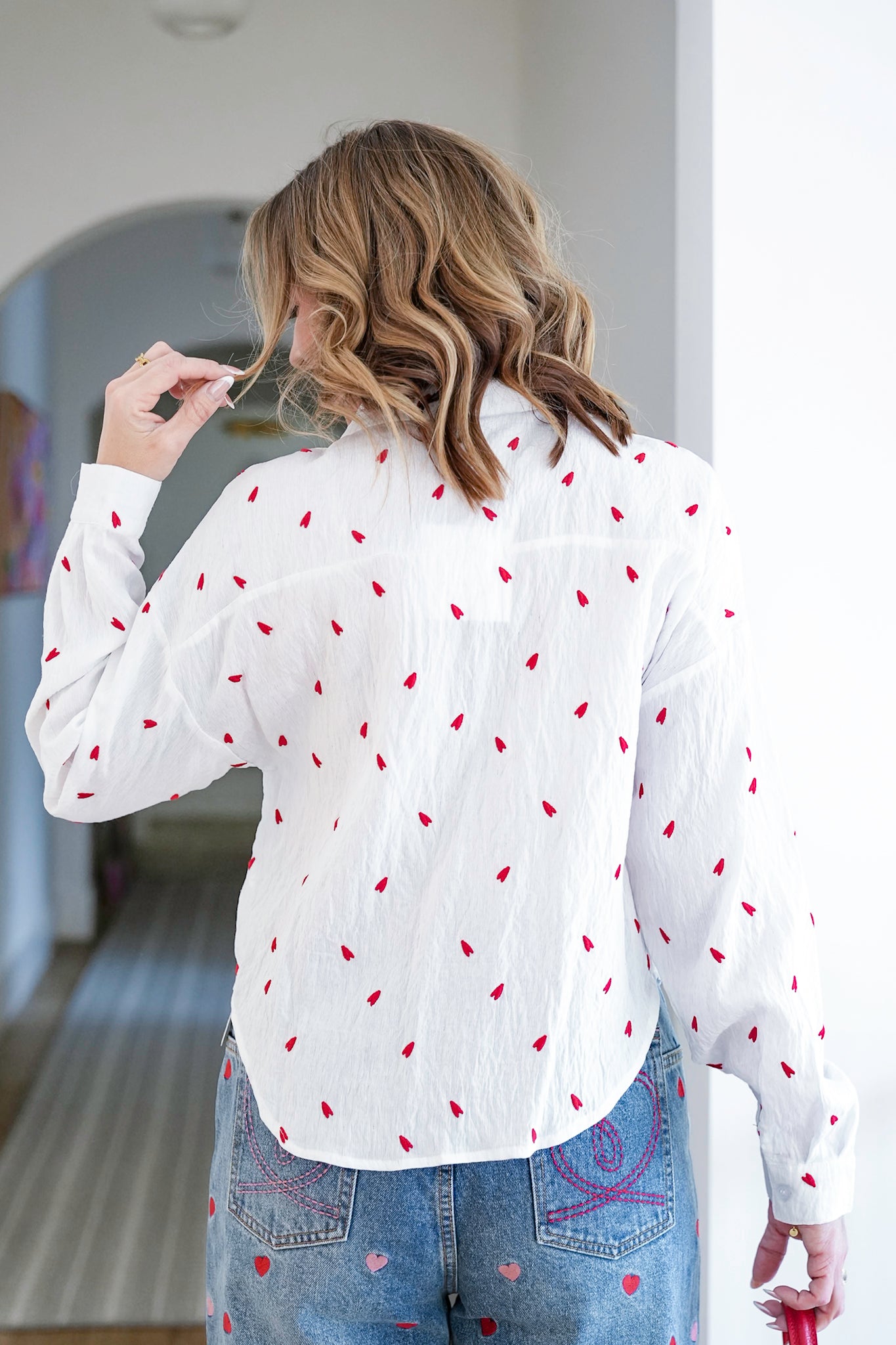 Embroidered Heart Long Sleeve Button Down Top