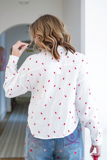 Embroidered Heart Long Sleeve Button Down Top