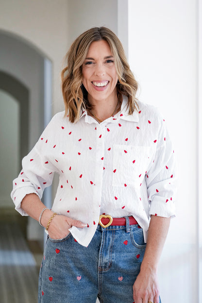 Embroidered Heart Long Sleeve Button Down Top