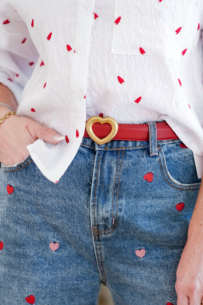Stitched Clean Leather Belt with Heart Buckle