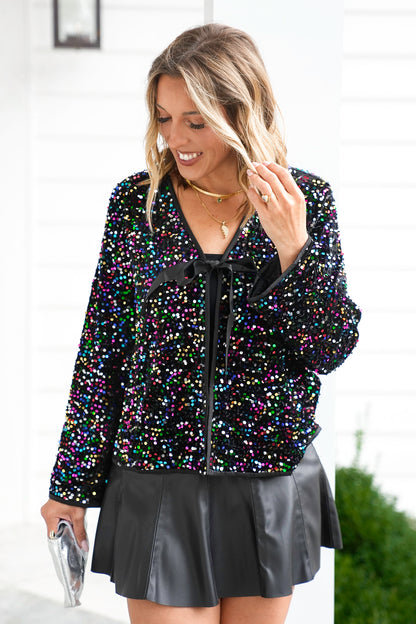 Plus/Reg Multi Color Sequin Long Sleeve Tie Front Top