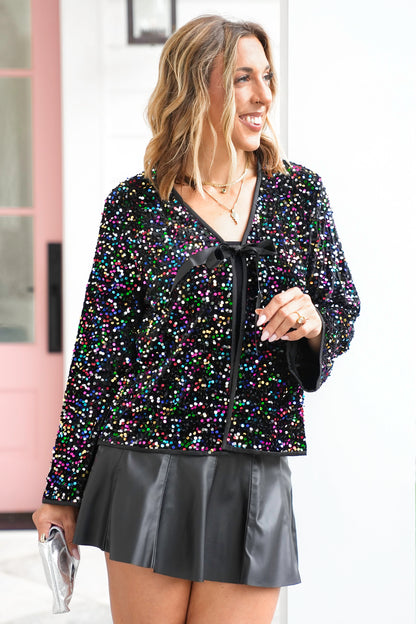 Plus/Reg Multi Color Sequin Long Sleeve Tie Front Top