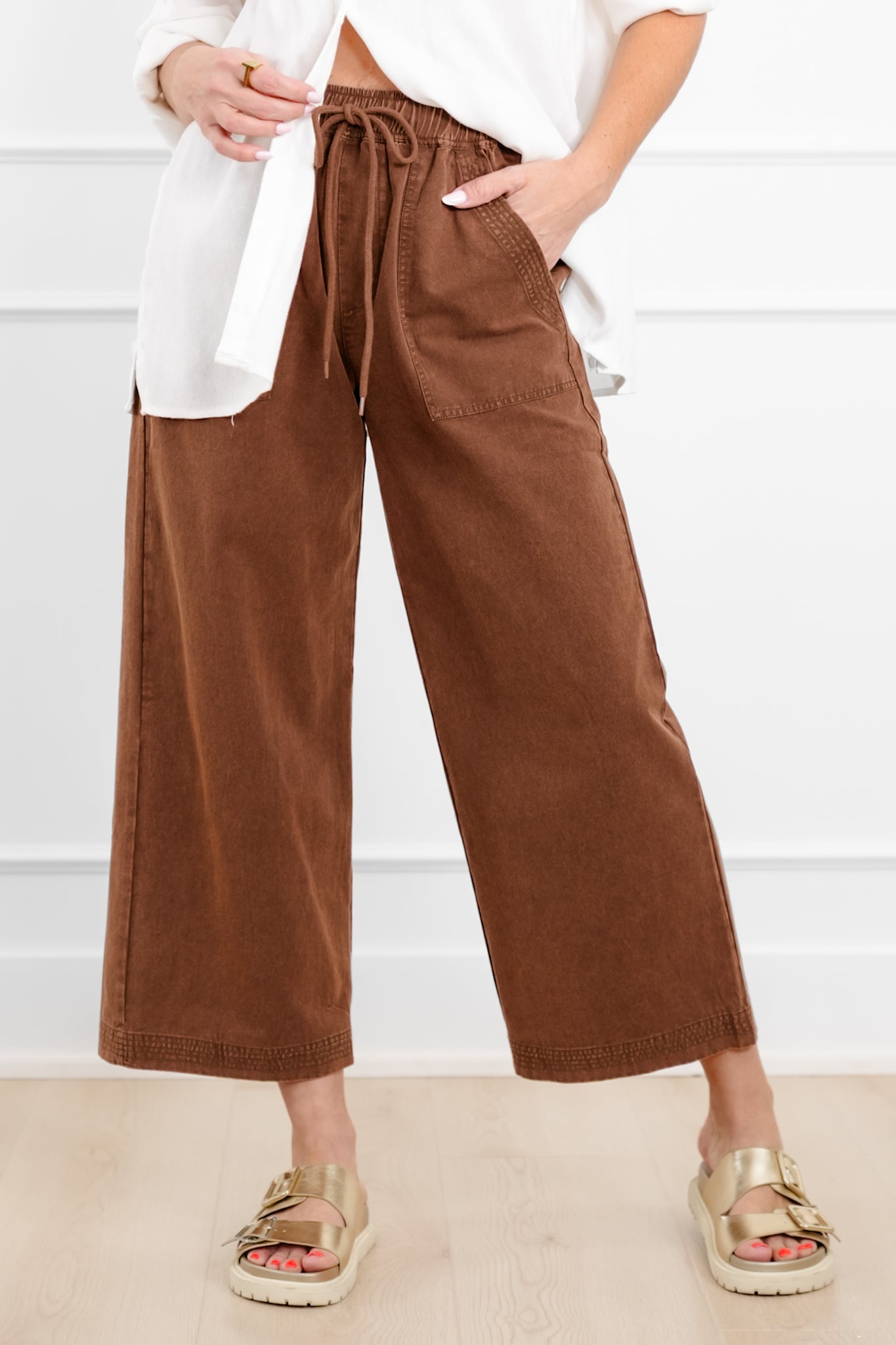 Plus/Reg Acid Wash Elastic Waist Wide Leg Pants