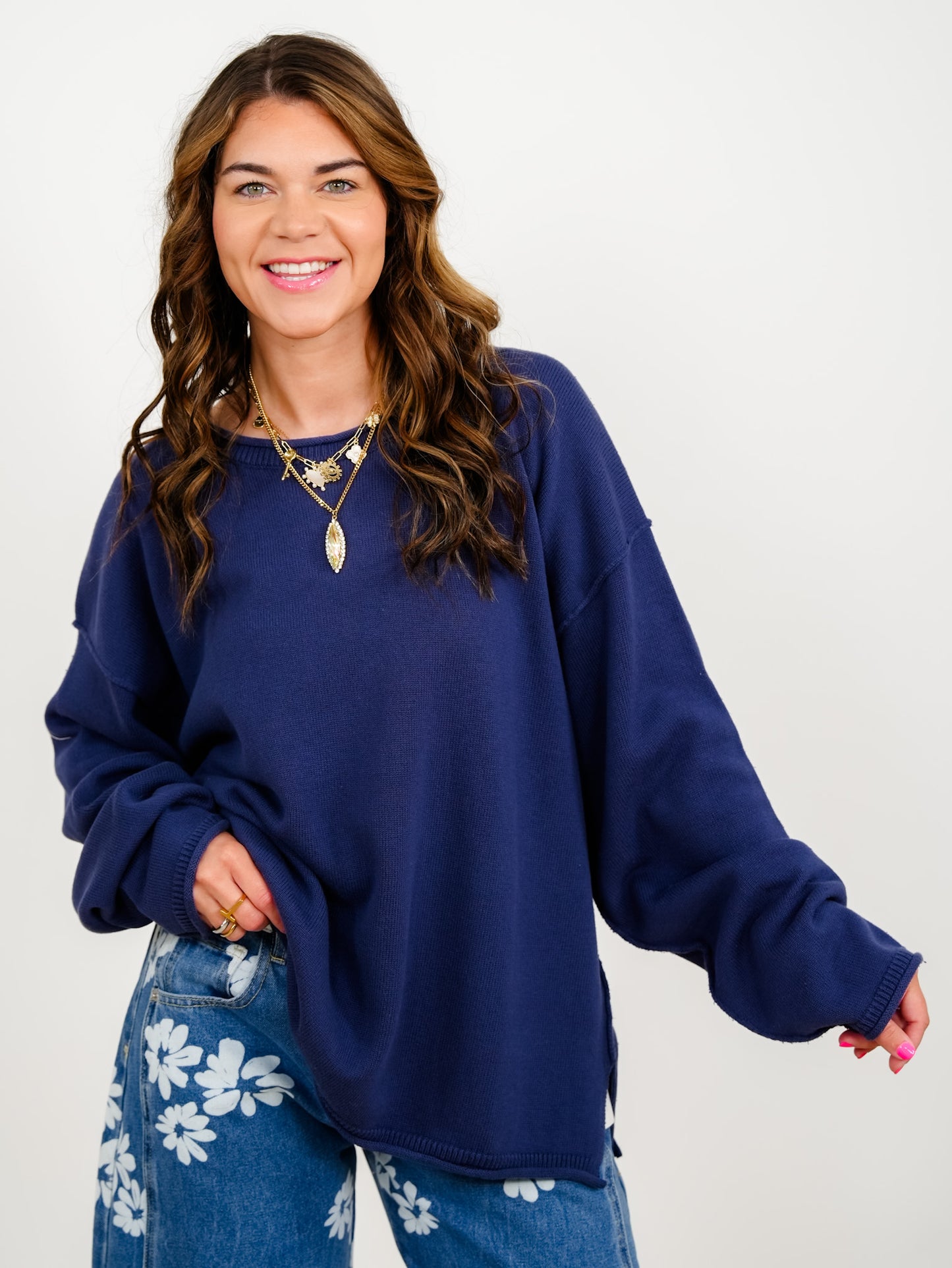 Knit Long Sleeve Round Neck Top with Reverse Seams