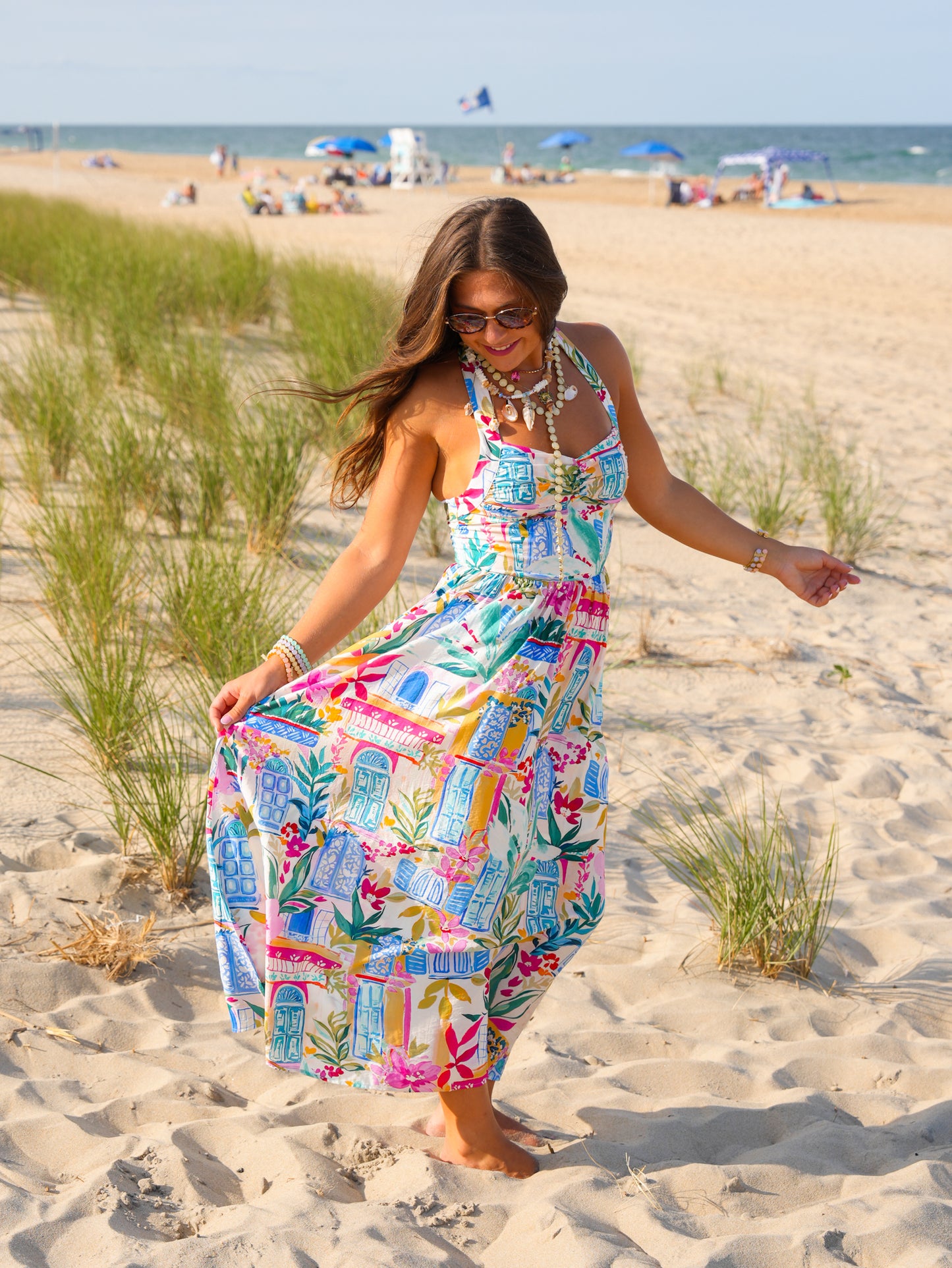 Coastal Print Sleeveless Halter Neck Midi Dress