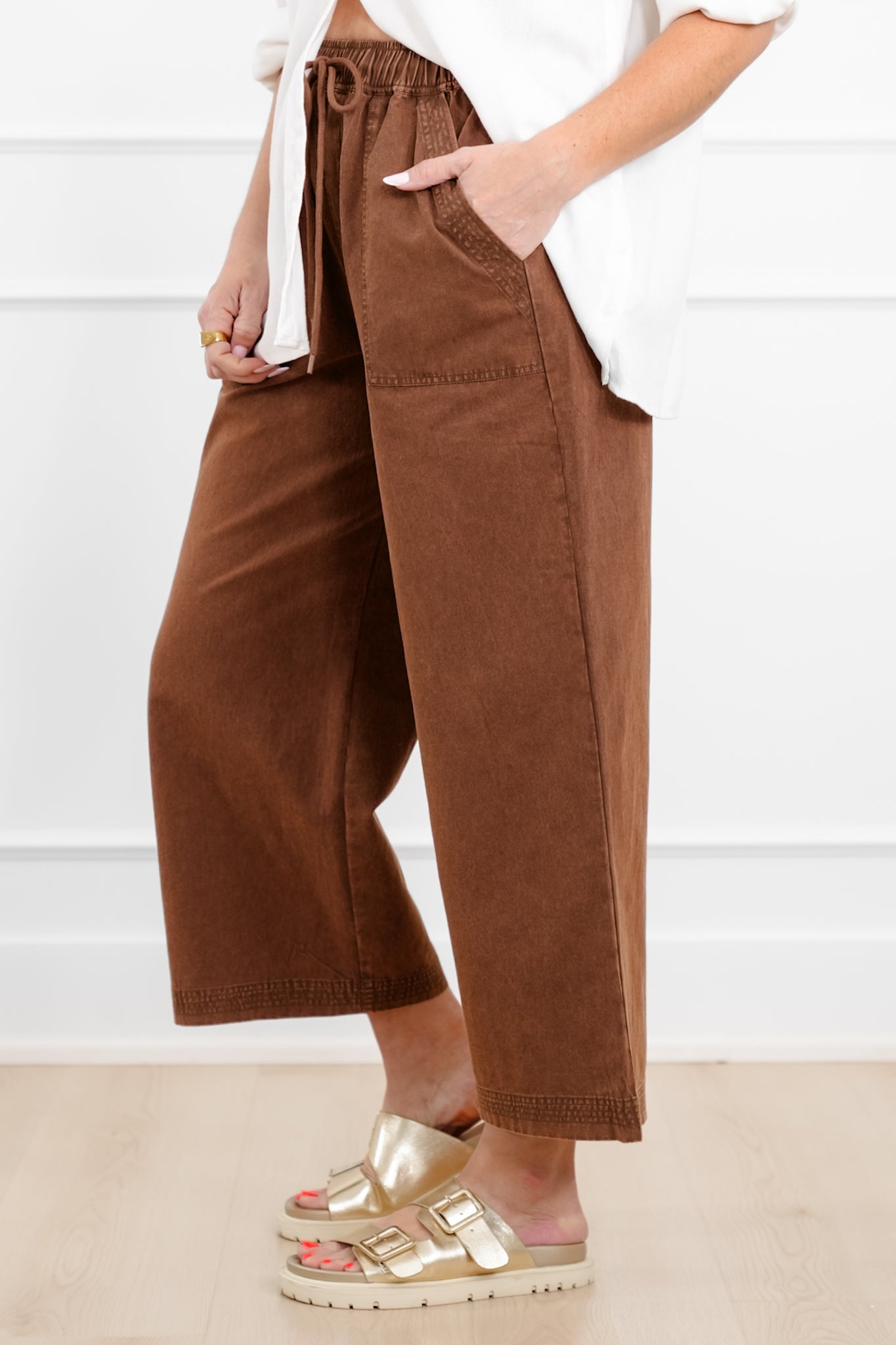 Plus/Reg Acid Wash Elastic Waist Wide Leg Pants