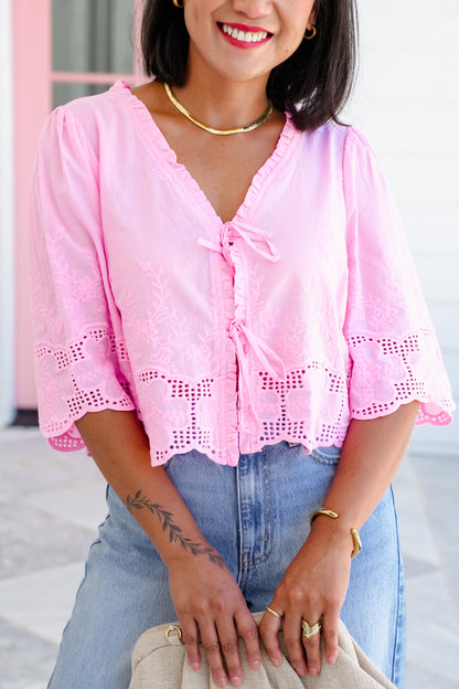 Floral Embroidery Short Sleeve Tie Front Top