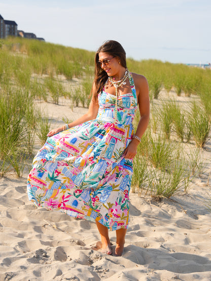 Coastal Print Sleeveless Halter Neck Midi Dress
