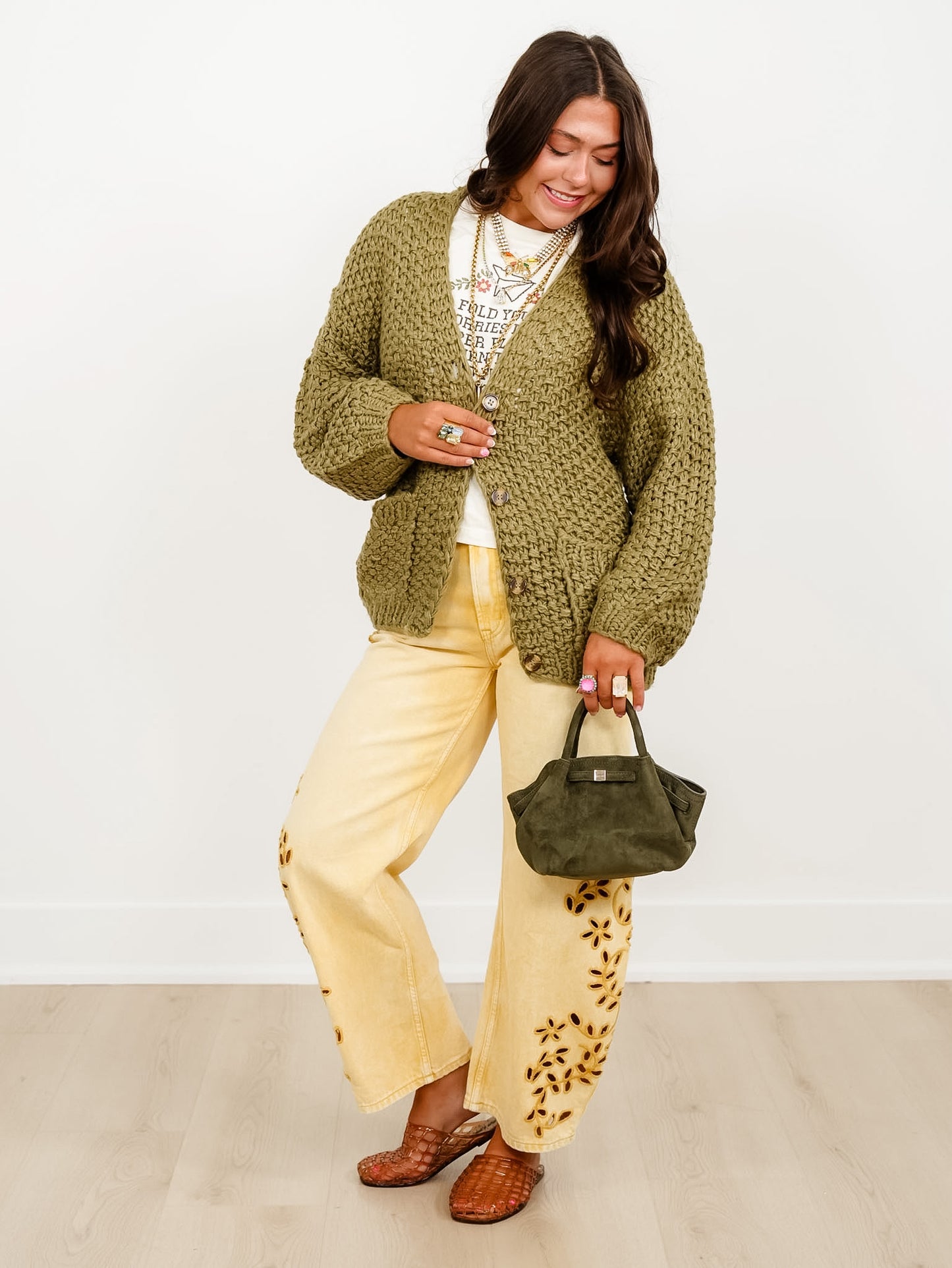 Chunky Knit Long Sleeve Button Down Cardigan - Freckled Poppy