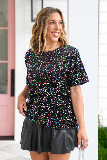 Plus/Reg Multi Colored Sequin Short Sleeve Top