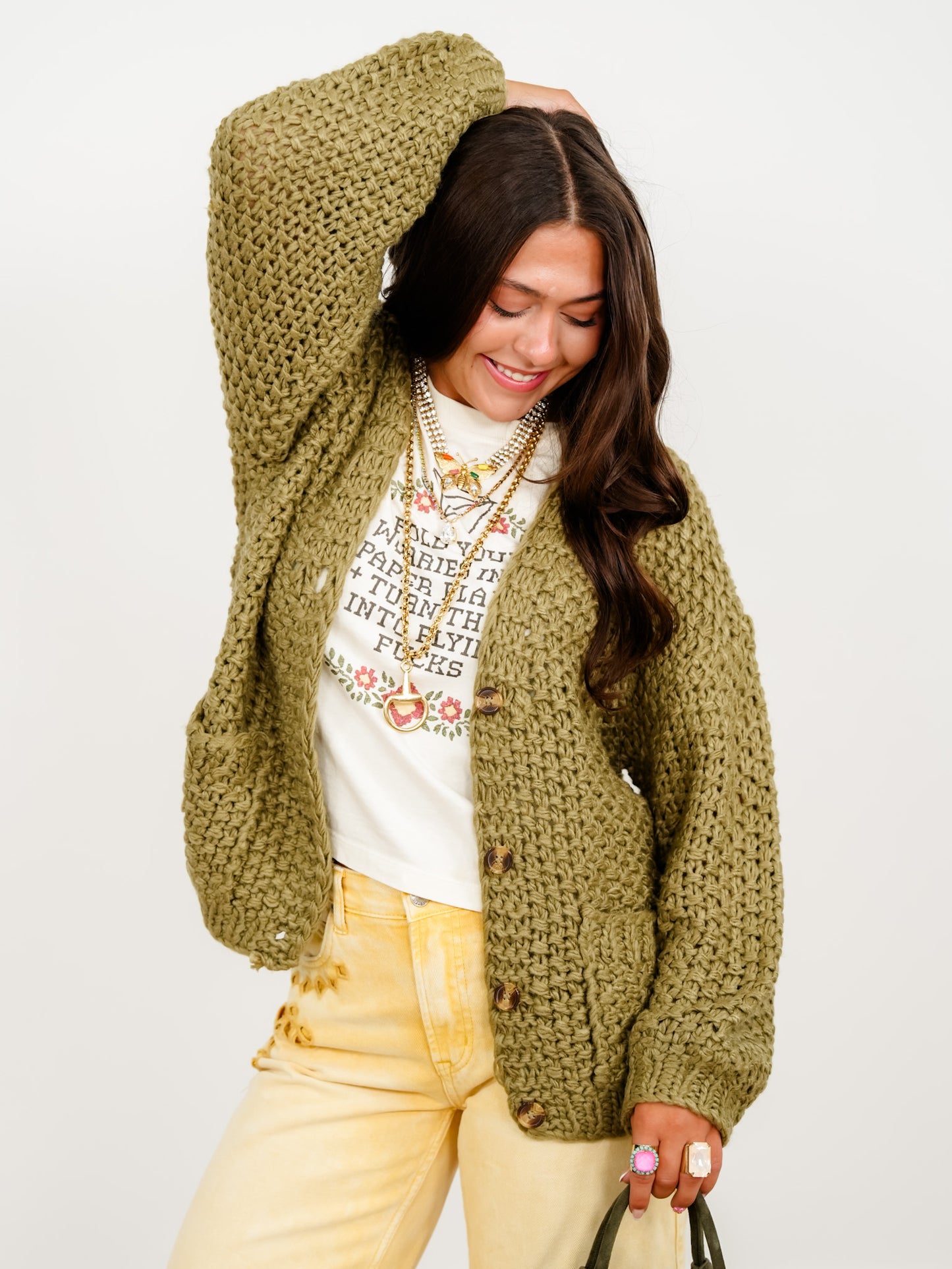Chunky Knit Long Sleeve Button Down Cardigan - Freckled Poppy