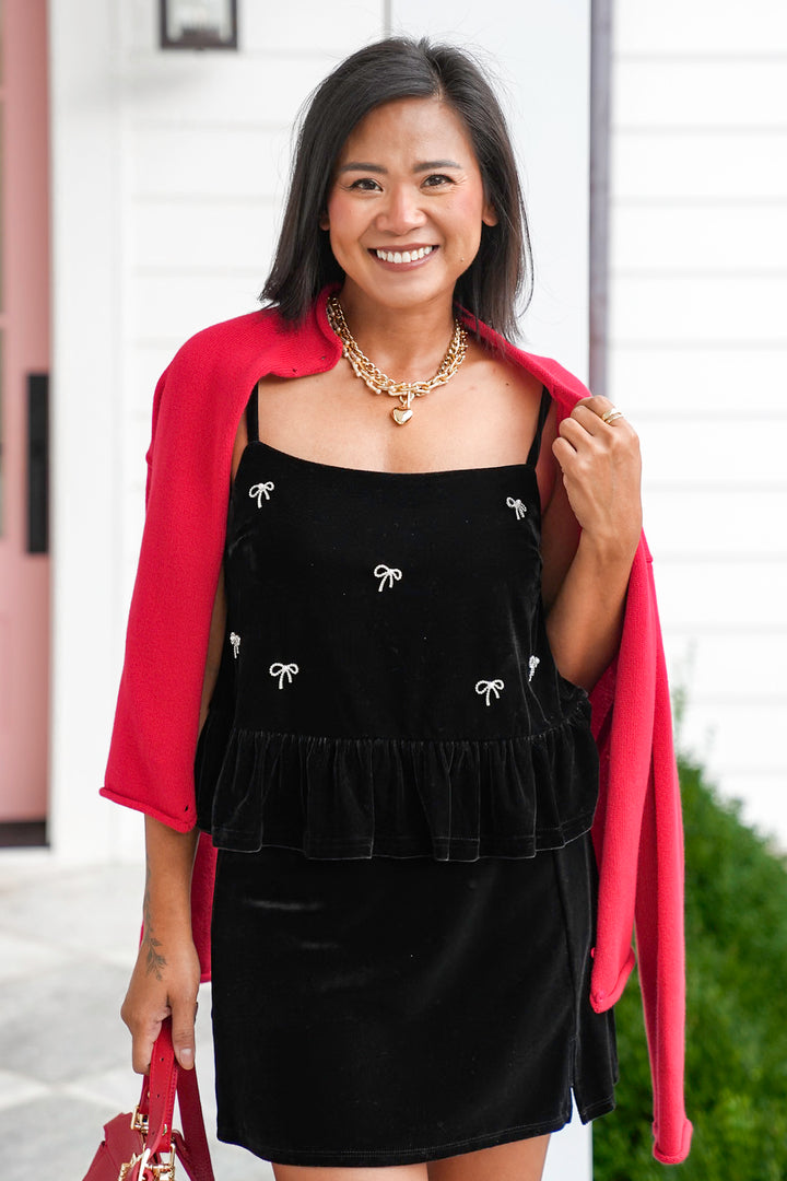 Velvet Baby Doll Top with Rhinestone Bows