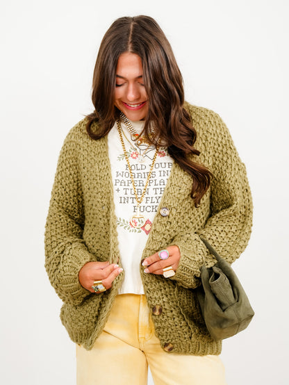 Chunky Knit Long Sleeve Button Down Cardigan - Freckled Poppy