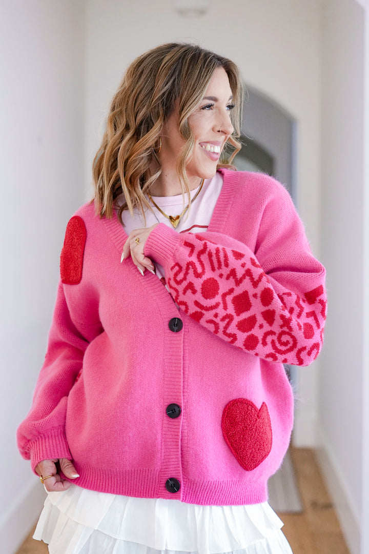 Pattern Long Sleeve Button Down Cardigan with Hearts