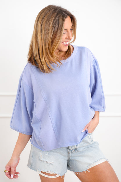 Plus/Reg Washed Half Sleeve Loose Fit Pullover Top