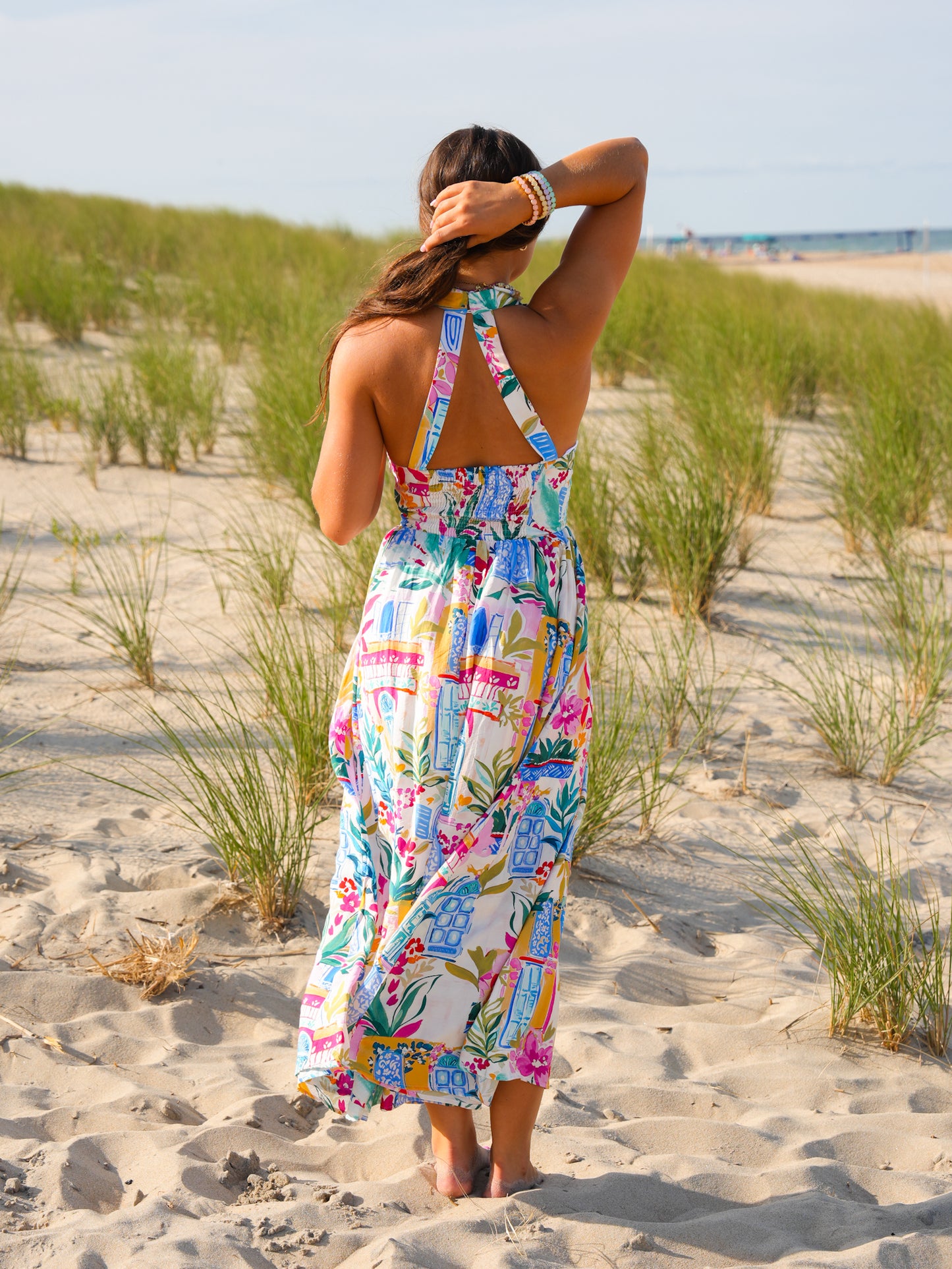 Coastal Print Sleeveless Halter Neck Midi Dress
