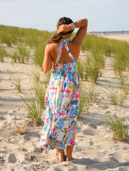 Coastal Print Sleeveless Halter Neck Midi Dress