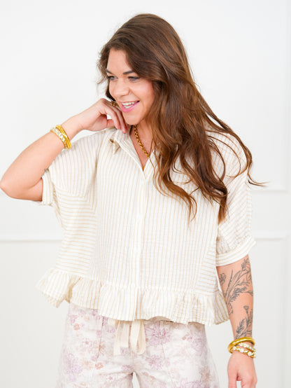 Striped Short Sleeve Button Down Top With Ruffle Hem