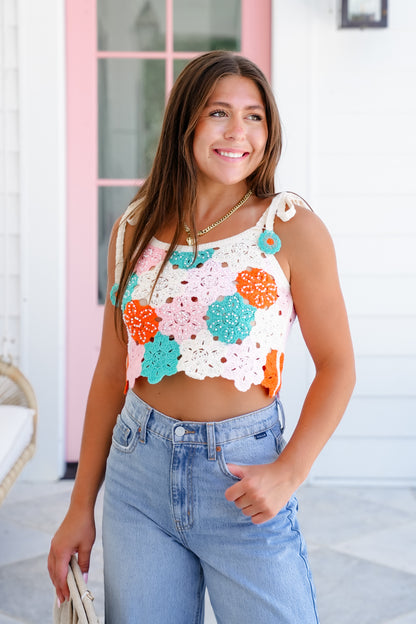 POL Floral Crochet Sleeveless Crop Sweater Top with Pearl Detail