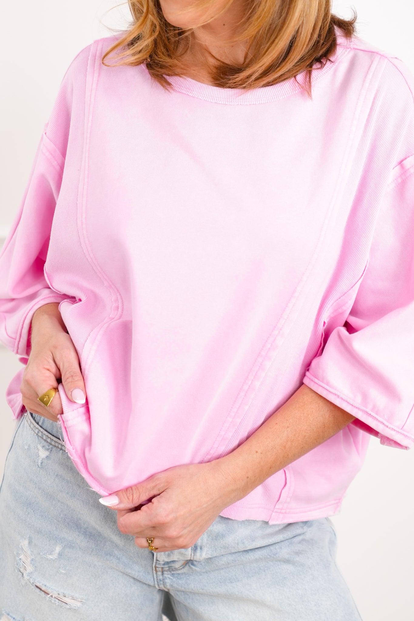 Plus/Reg Washed Half Sleeve Loose Fit Pullover Top