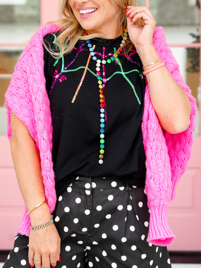 Sequin Spider Web Short Puff Sleeve Top