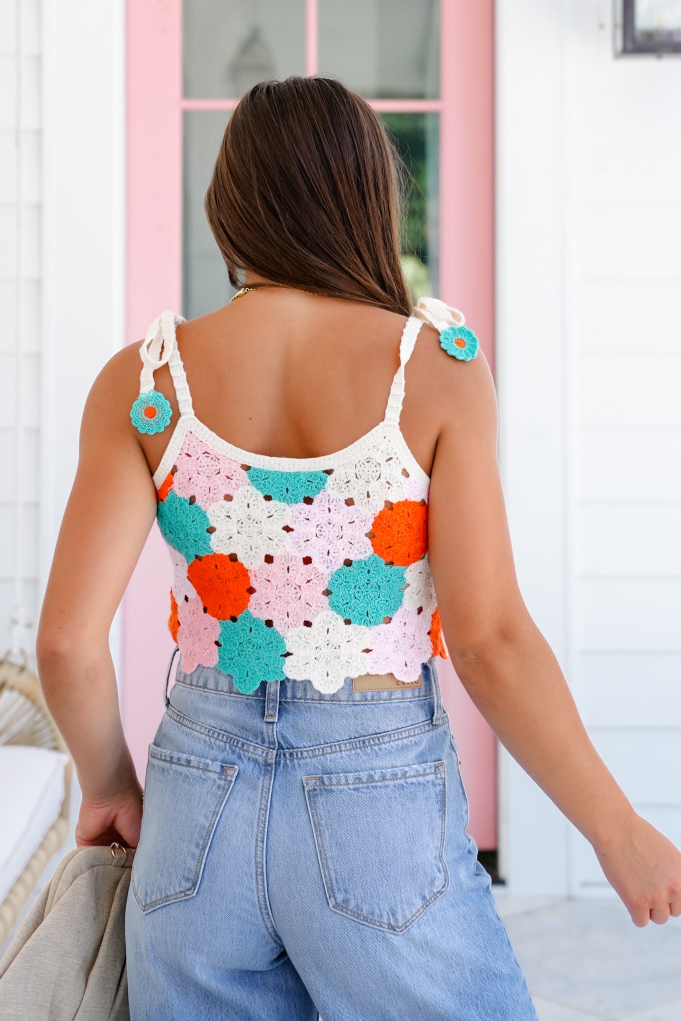 POL Floral Crochet Sleeveless Crop Sweater Top with Pearl Detail