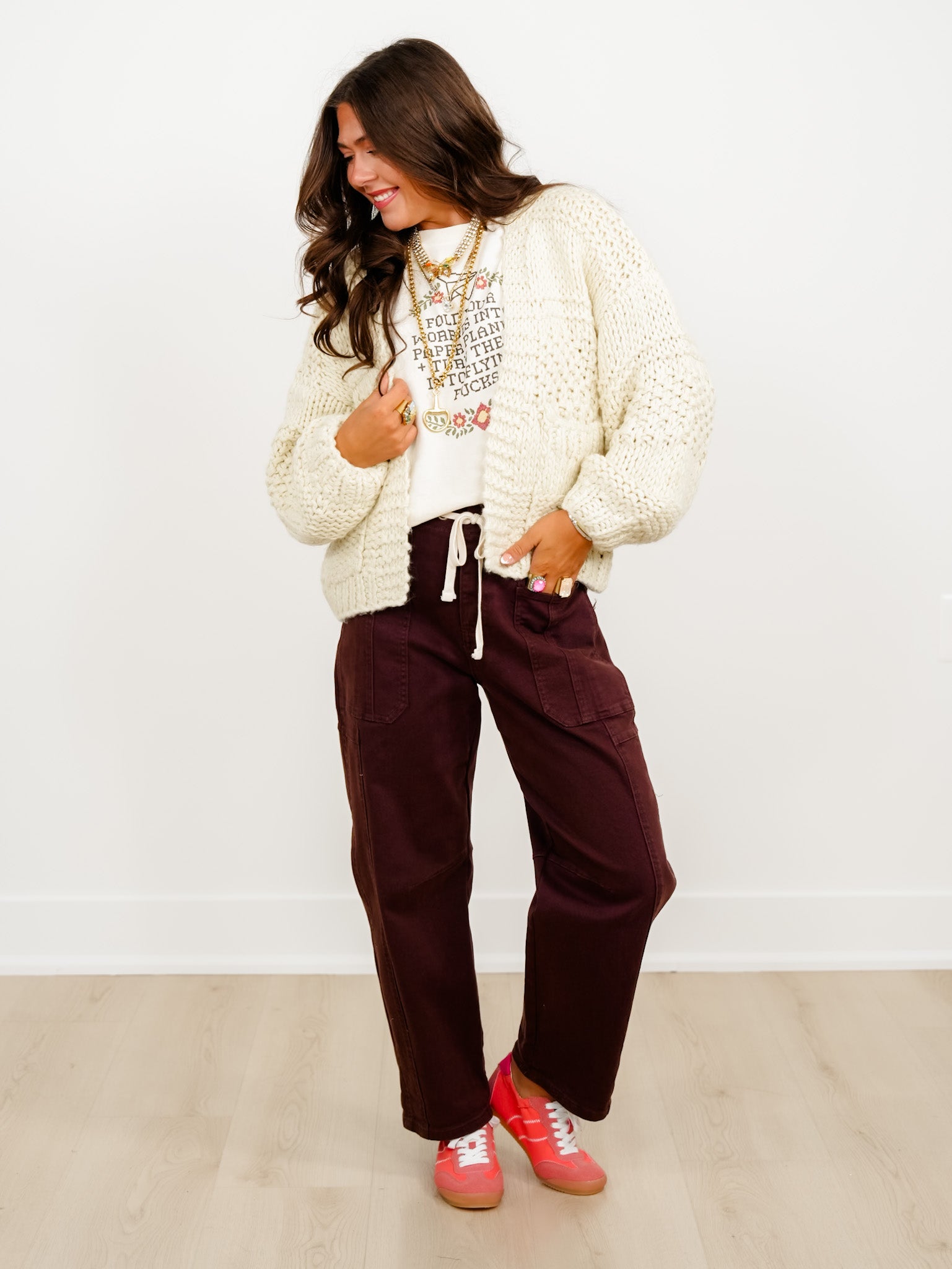 Chunky Knit Long Sleeve Open Front Cardigan - Freckled Poppy