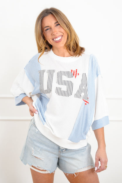 Plus/Reg Color Block "USA" Patch Ribbed Knit Top
