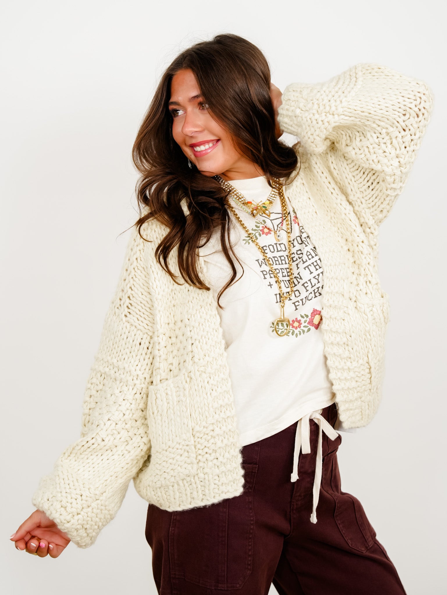 Chunky Knit Long Sleeve Open Front Cardigan - Freckled Poppy