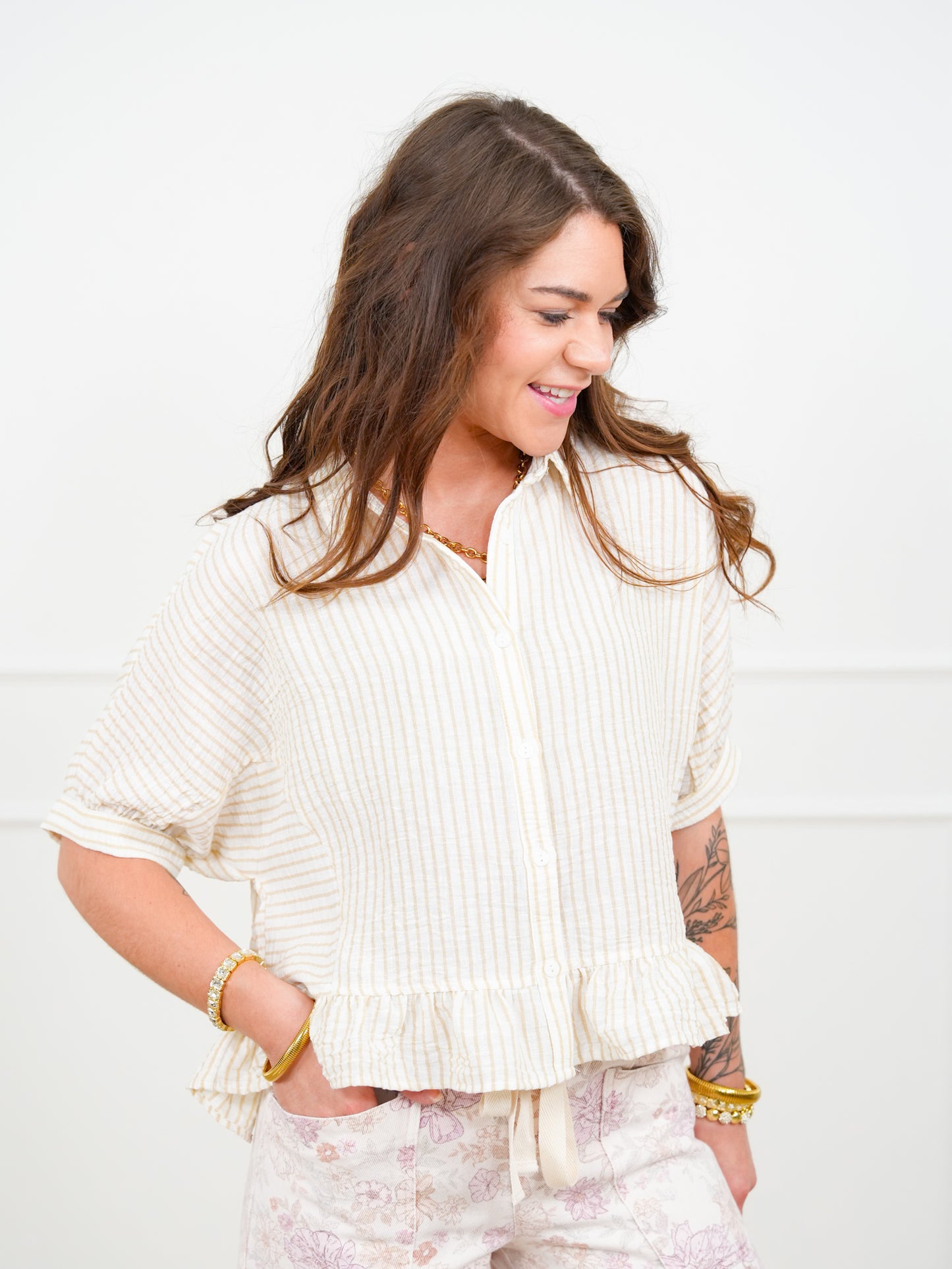 Striped Short Sleeve Button Down Top With Ruffle Hem