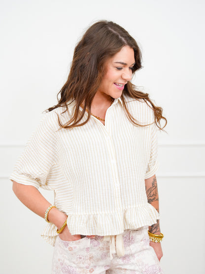 Striped Short Sleeve Button Down Top With Ruffle Hem