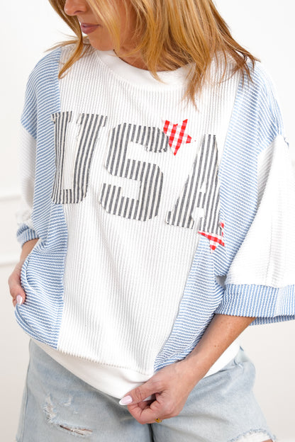 Plus/Reg Color Block "USA" Patch Ribbed Knit Top