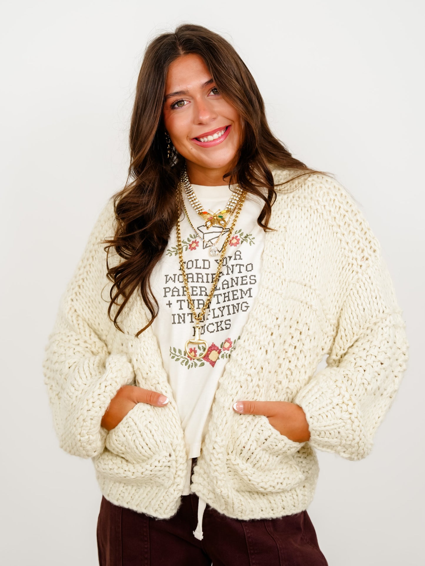 Chunky Knit Long Sleeve Open Front Cardigan - Freckled Poppy