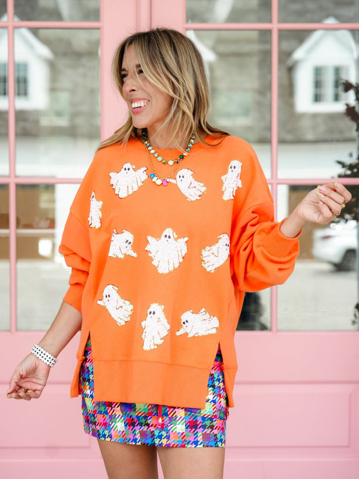 Sequin Ghost Long Sleeve Pullover Sweatshirt - Freckled Poppy