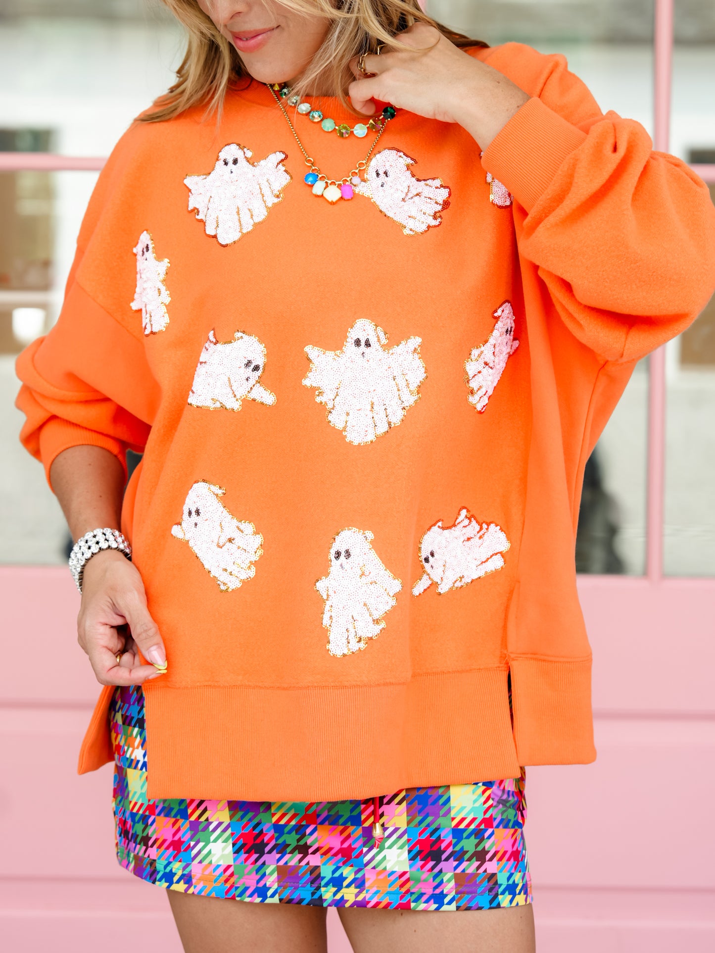 Sequin Ghost Long Sleeve Pullover Sweatshirt