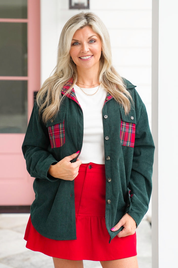 Corduroy and Plaid Reversible Long Sleeve Shacket