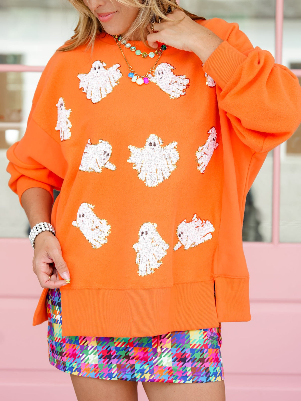 Sequin Ghost Long Sleeve Pullover Sweatshirt - Freckled Poppy