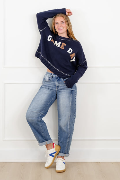 Plus/Reg Long Sleeve "Game Day" Patch Pullover Sweater