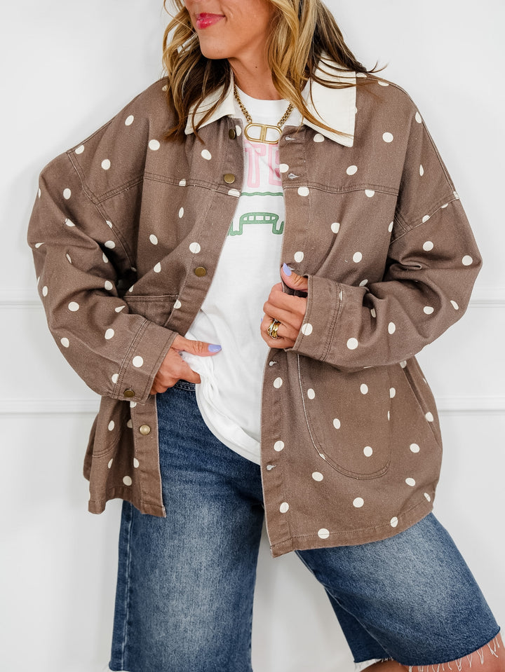 Polka Dot Print Long Sleeve Button Up Jacket