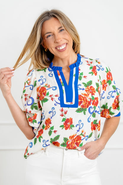 Plus/Reg Floral Baroque Print Top with Contrast Trim